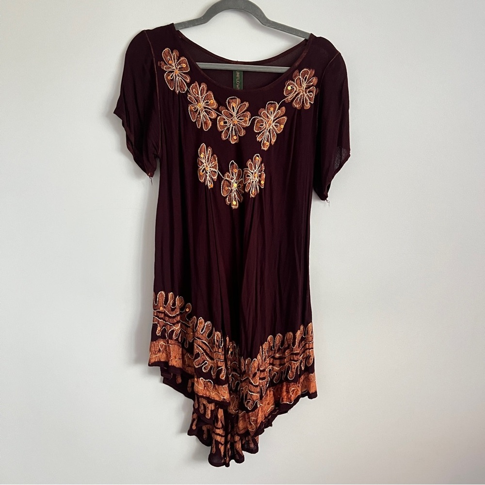 Sunflower Boho Embroidered Brown Orange Sequin Tunic Top Free Size